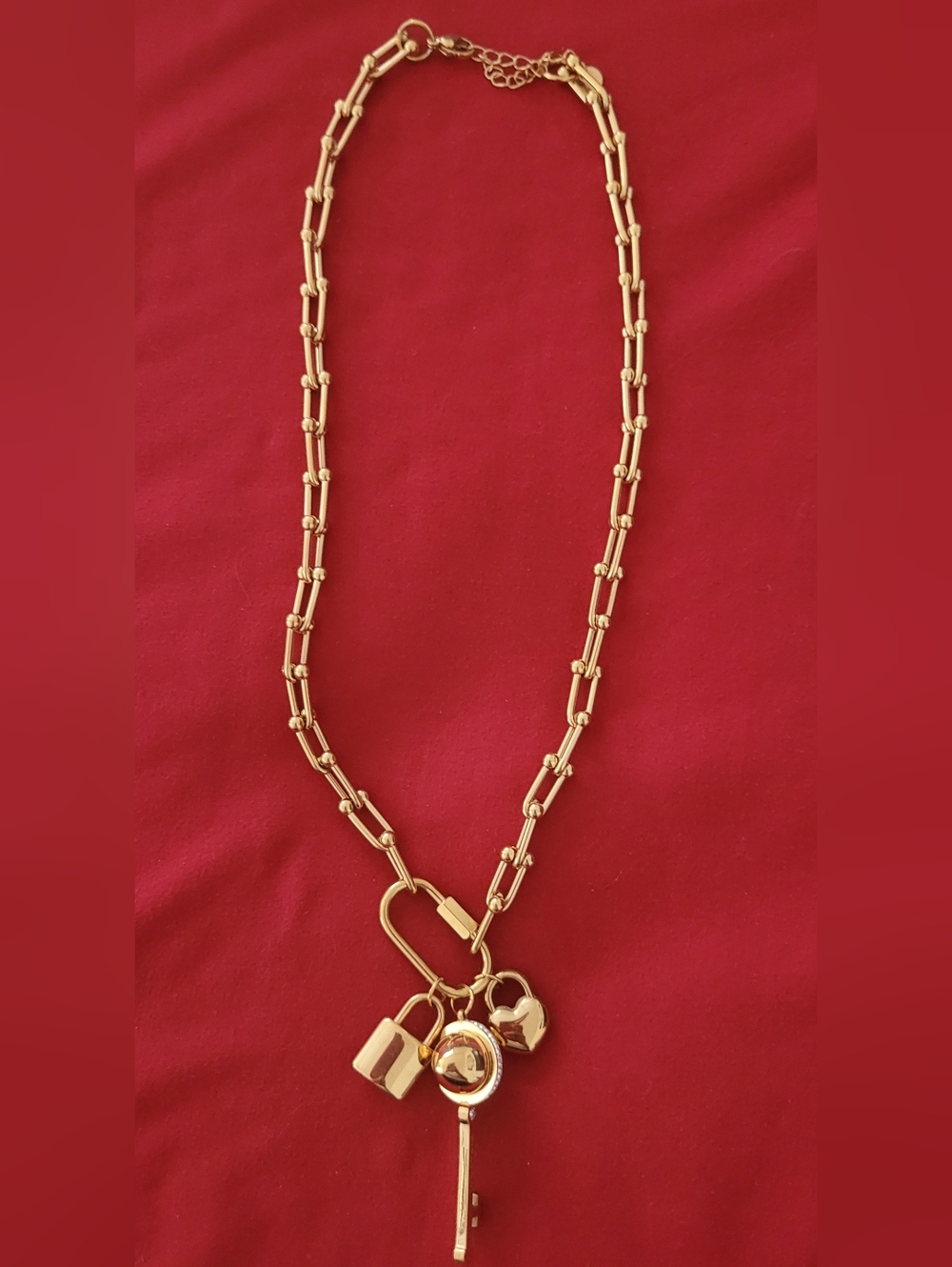 Inspired Tiff Gold Tone Women's Charm Necklace - Elegant Chain & Padlock Charms
